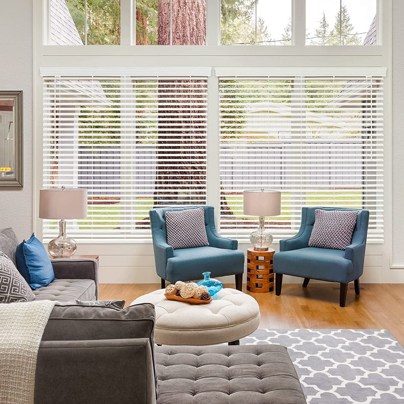 Modern PVC Faux Wood Venetian Window Blinds Moisture Resistant Corded Shades for Living Room Bedroom Kitchen, White