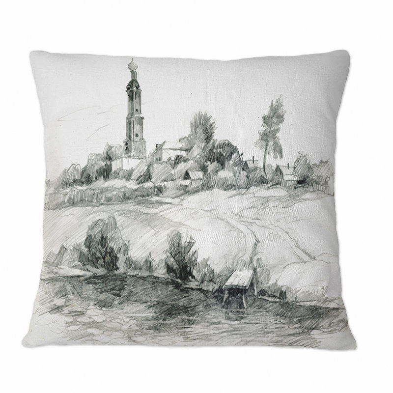 Coussin décoratif monochrome à paysage champêtre, 18 po x 18 po