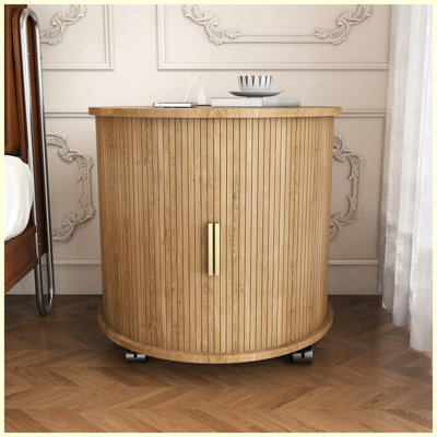 Table de bout cylindrique de style Mid-Century moderne avec station de charge intégrée, porte coulissante et rangement à 2 niveaux