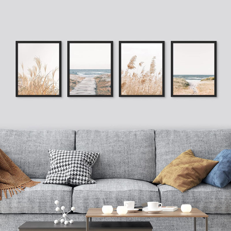 «Pampas Grass Beach Ocean Shore», impression encadrée de 4 pièces, H 14 po x l 11 po x P 1 po, Cadre blanc