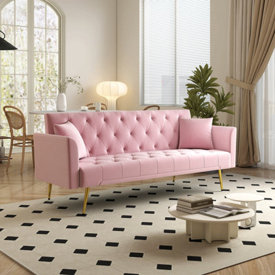 Modern convertible 72 inch foldable sleeper sofa with tufted, American retro style, made of pink velvet material, suitable for small living rooms, bed