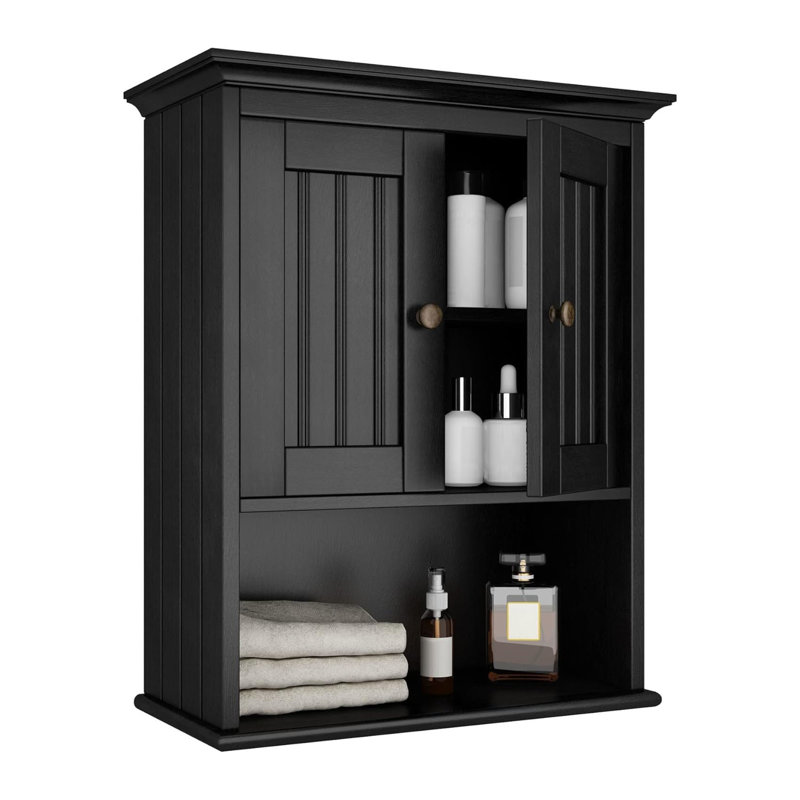  Armoire de rangement murale noire en bois avec portes et tablette réglable pour salle de bain, salon, cuisine et placard