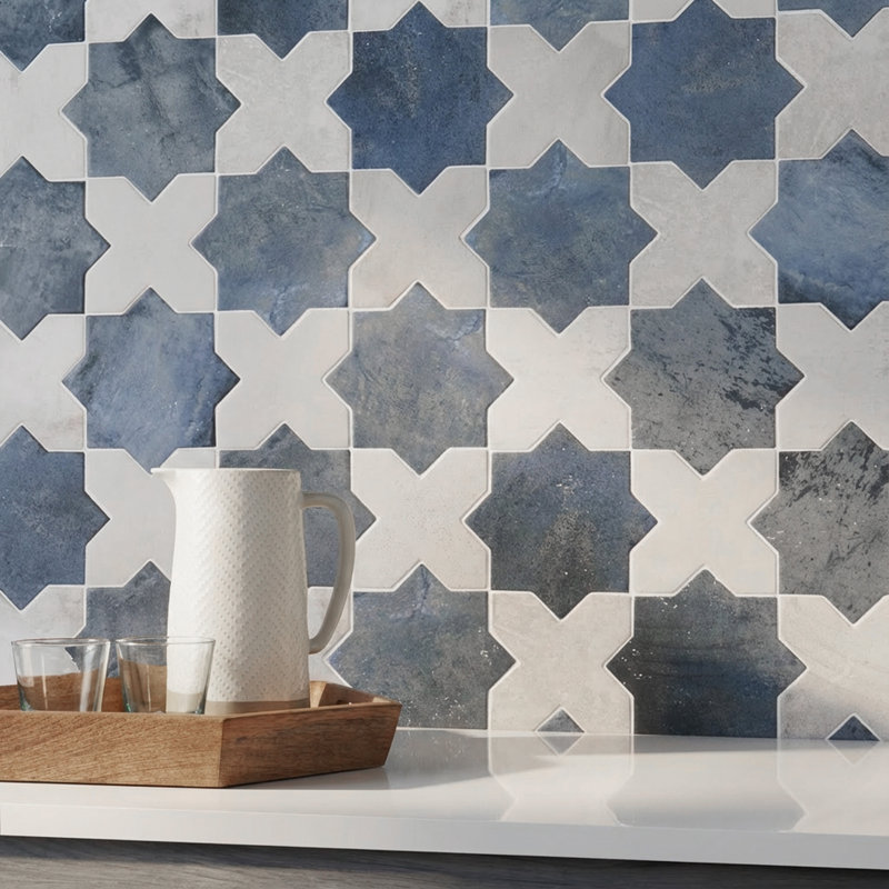 Souk Star-Crossed 6.1" x 11.9" Terracotta Look Porcelain Floor & Wall Tile (8.26 Sq. Ft. / Case), Blue and White