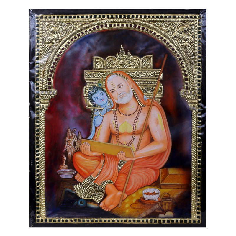 Shri Guri Raghavendra Swamy avec Krishna | Couleurs traditionnelles avec or 24 carats | Avec cadre