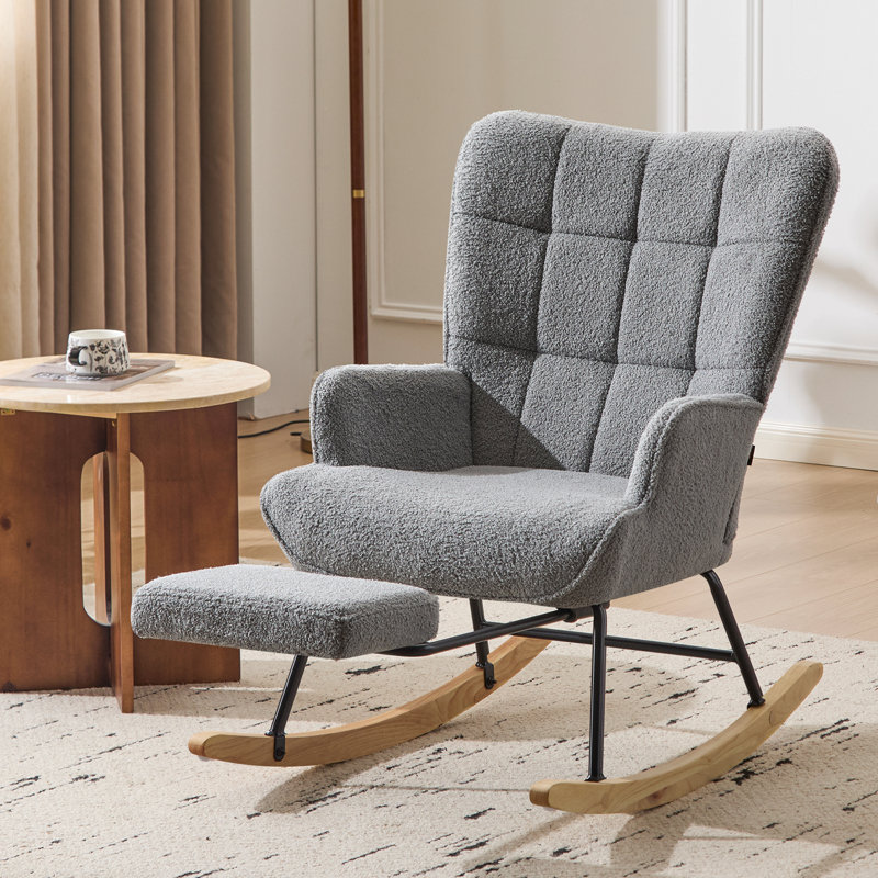 Upholstered Rocking Chair with Footrest, High Backrest Ergonomic Support Nursery Recliner Chair for Living Room, Bedroom