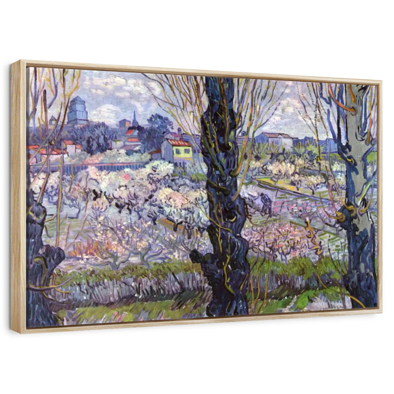 Vue des vergers en fleurs d'Arles, 25 po x 17 po, Cadre flottant en bois naturel