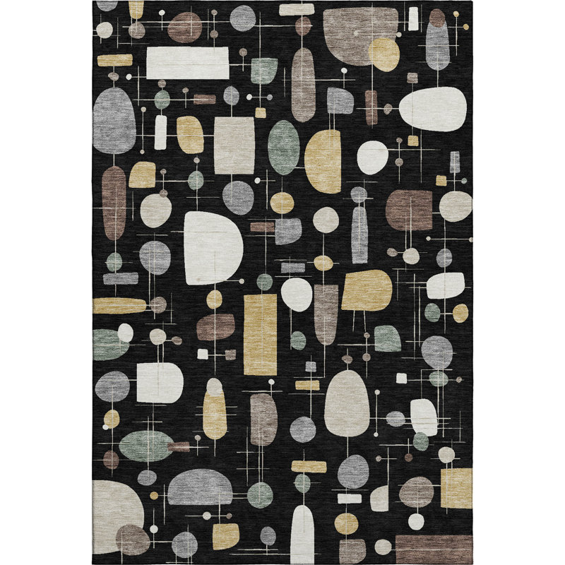 Premium Machine Washable Mayfield AMF2393 Geometric Rug, 5' x 7'6", Black