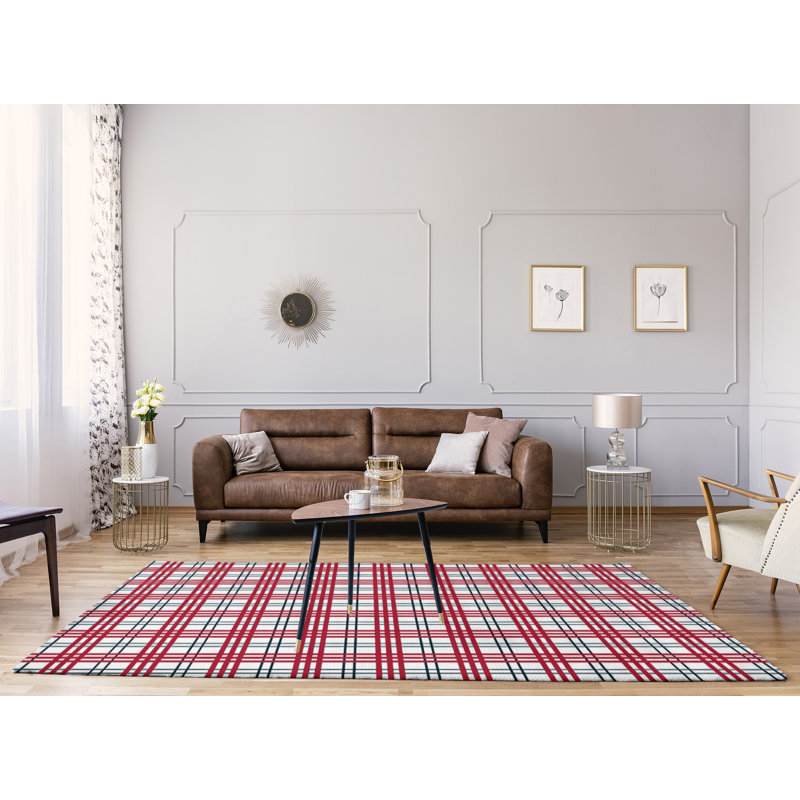 Tissu écossais fait à la main noir/rouge/blanc Tapis décoratif, Rectangle 5 pi x 7 pi