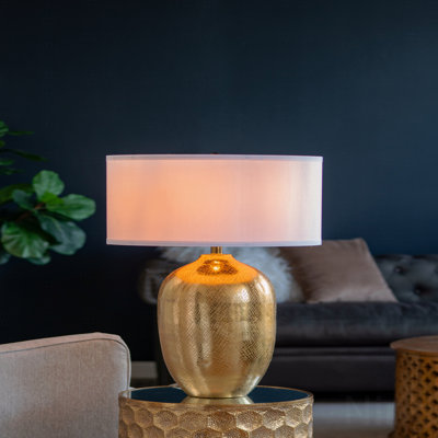 Table Lamp  - Round Aluminum Sheet In Gold  With White With Fabric Shade