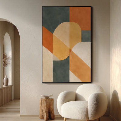 Très grande reproduction d'art sur tissu - Composition géométrique moderne de couleur orange et vert pour le salon ou la chambre à coucher - «Assemblage requis du cadre (cadre non fini)»