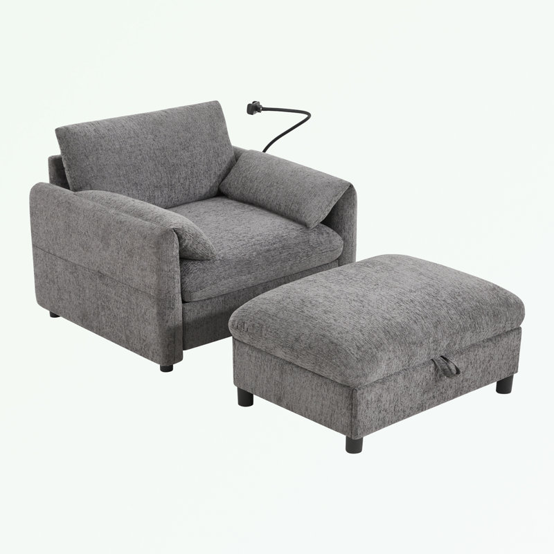 Canapé simple avec repose-pieds de rangement, support de téléphone réglable et chargeur USB, Gris