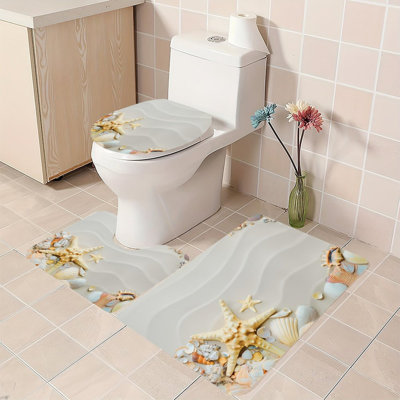 Light Yellow Beige Beach Seashell Starfish 3-Piece Bath Rug Set For Bathroom & Spa Room