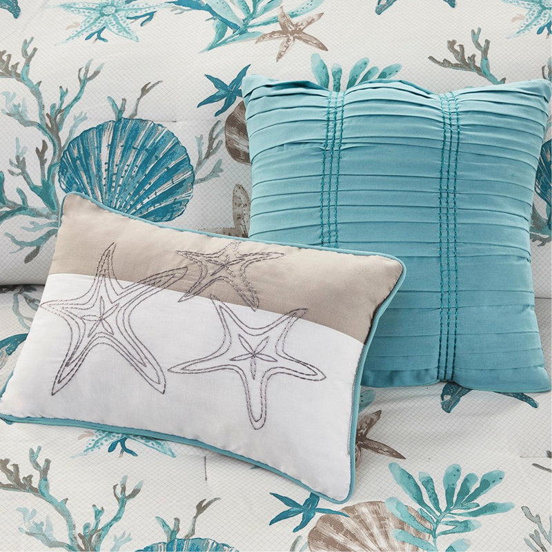 Édredon 7 pièces en coton pour très grand lit - avec coquillages imprimés, étoiles de mer, coraux et imprimé luxueux