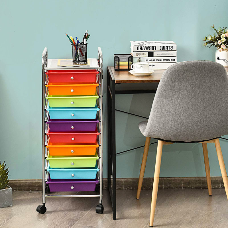 Halley 10 Drawer Storage Drawer, Chrome, Red/Orange/Blue