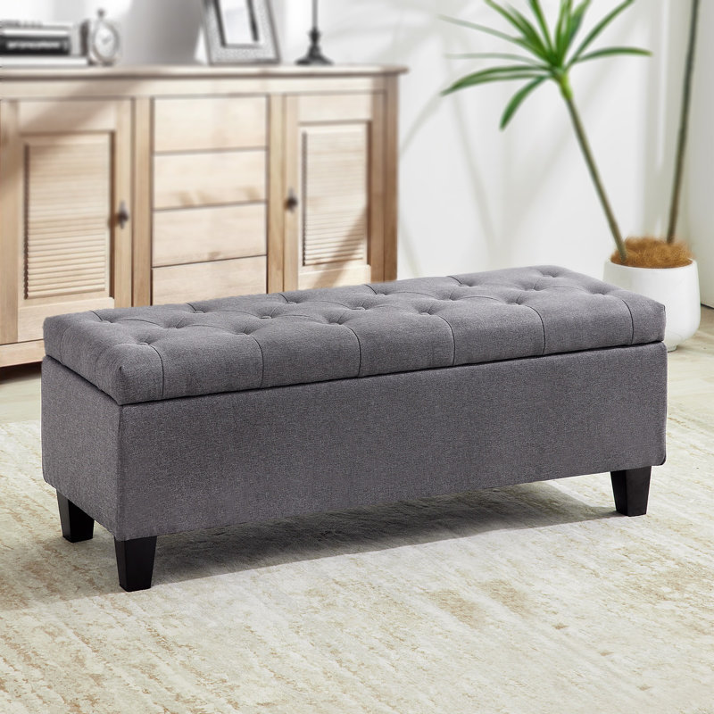 Jalob 42'' W Storage Ottoman Bench, End of Bed Storage Bench, Button Tufted Fabric Storage Ottoman, Solid Wood Leg, Safety Hinge, 330 LBS Load, Ottoman with Storage for Bedroom Living Room Entryway