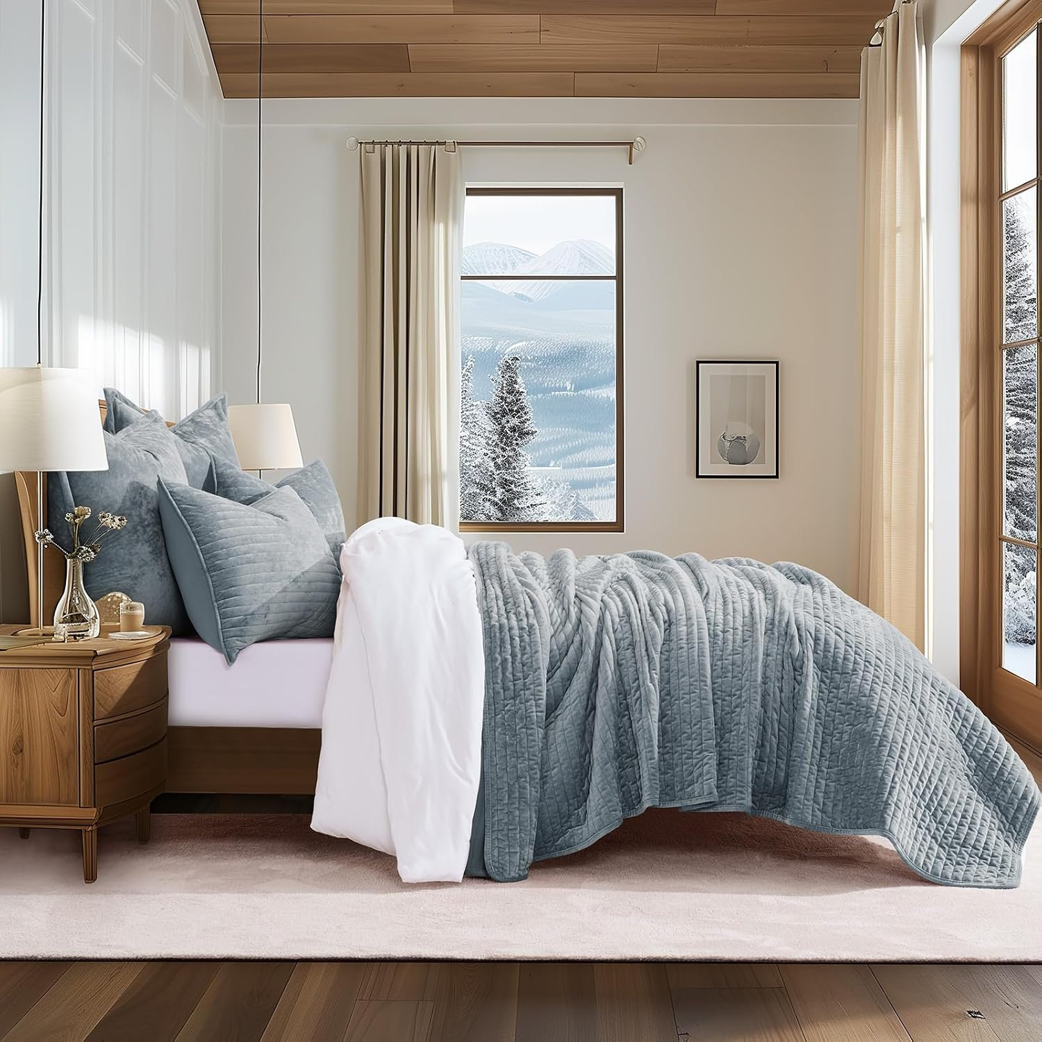 Velvet Quilt Set, King, Blue Linen