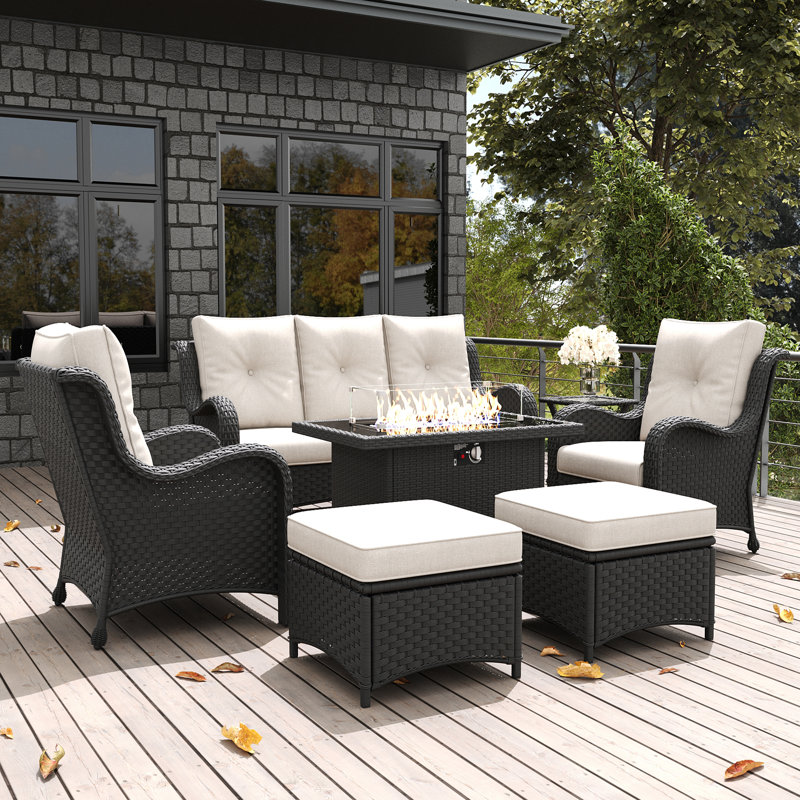  7 Pieces Outdoor Patio Furniture Set With Fire Pit Table, Rattan Wicker Sectional Chairs Sets With Ottomans, Single Chairs And Coffee Table