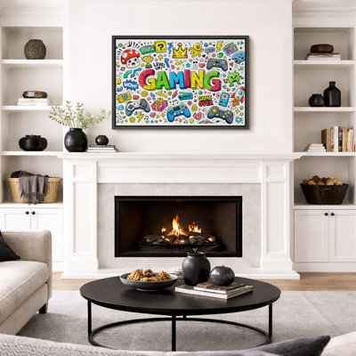 Colorful Gaming Doodle Artwork, Cartoon Game Elements Kids Room Pictures, Framed Canvas Giclee Print Wall Art