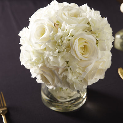 Floral Arrangement with Vase - Realistic Accent with 10 Hydrangeas and 11 Roses in Clear Glass Container with Faux Water