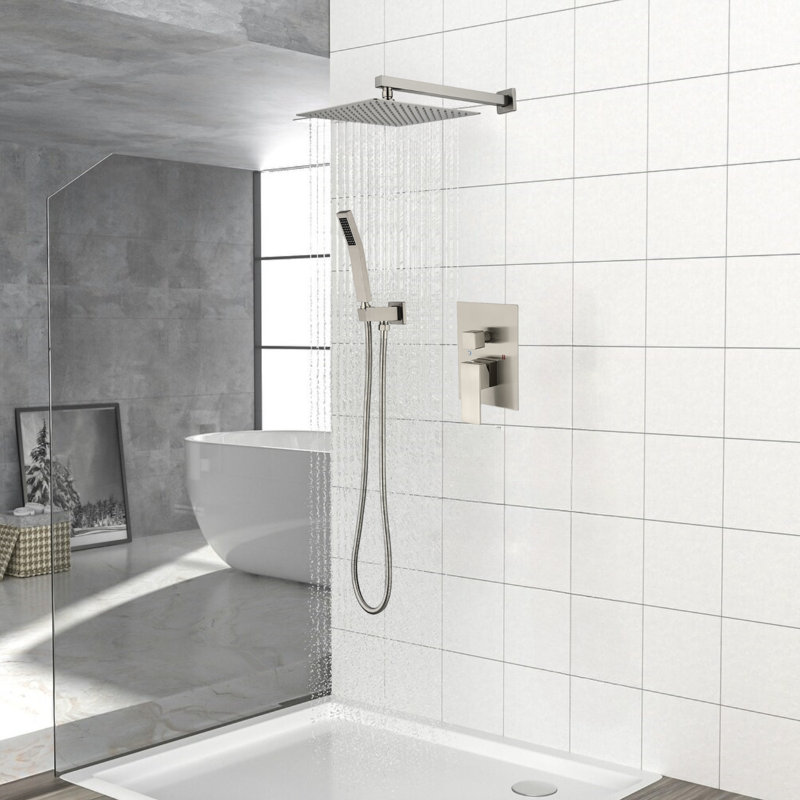 Modern Wall-Mounted Rain Shower System with Air Injection Technology, Brushed Nickel