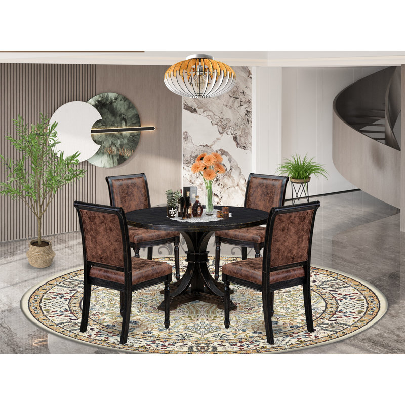 Ensemble de cuisine 5 pièces avec 4 chaises de salle à manger en polyester texturé brun, dossier haut et table de petit-déjeuner au fini noir sablé.