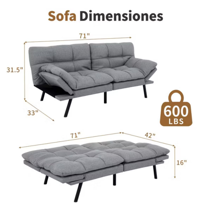 Convertible Futon Sofa Bed: Memory Foam Couch With Adjustable  Armrests & Backrest For Living Room, Office And Apartment - Easy Assembly