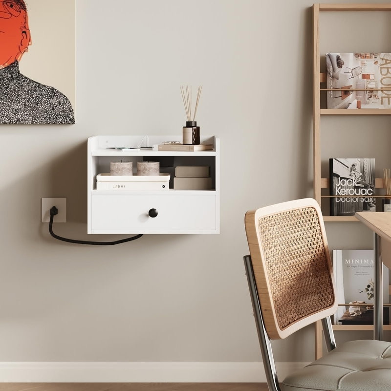 White Wood Floating Nightstand Set with Drawer and Shelf