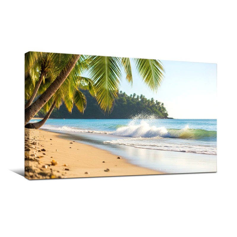 Plantes et fleurs, plage tropicale avec palmiers et vagues, H 20 po x l 40 po