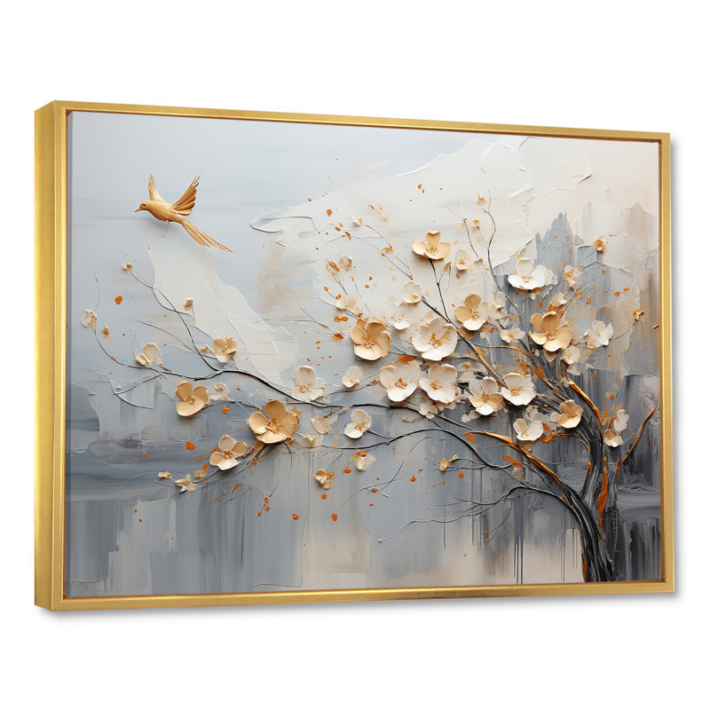 Art mural beige au Japon et arbre doré - formes abstraites, Cadre flottant doré, H 30 po x l 40 po x P 1,5 po