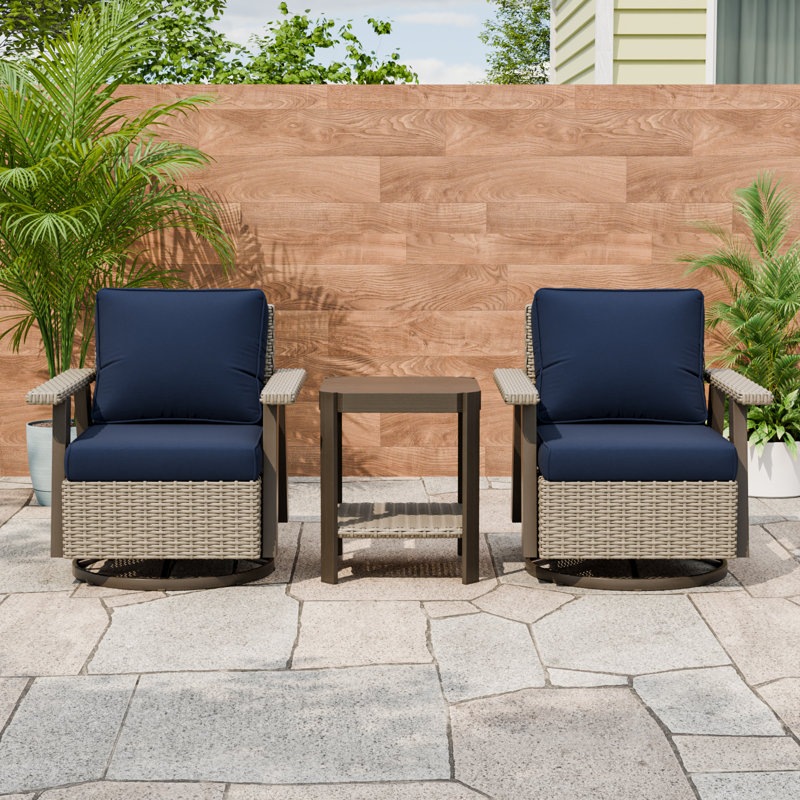 Ensemble de conversation d'extérieur 3 pièces avec chaises berçantes pivotantes en osier et table d'appoint, Bleu très foncé