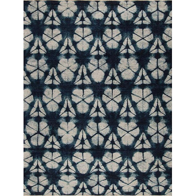 Shibori Hand Knotted Wool Area Rug in Ivory/Blue