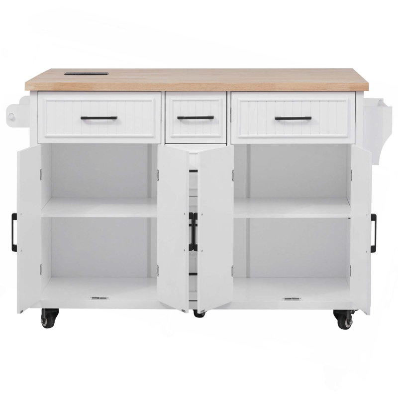 K&K 56.5'' Kitchen Island With Drop Leaf, Power Outlet, Embossed Vertical Stripe Rolling Kitchen Cart On Wheels With 4 Doors , 5 Deep Drawers And Adjustable Shelves, For Kitchen, Dining Room, White