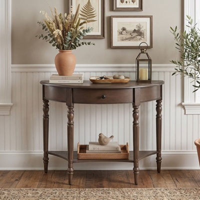 Farmhouse Half-Moon Console Table with Drawer and Lower Shelf, Rustic Entryway Sofa Table for Living Room
