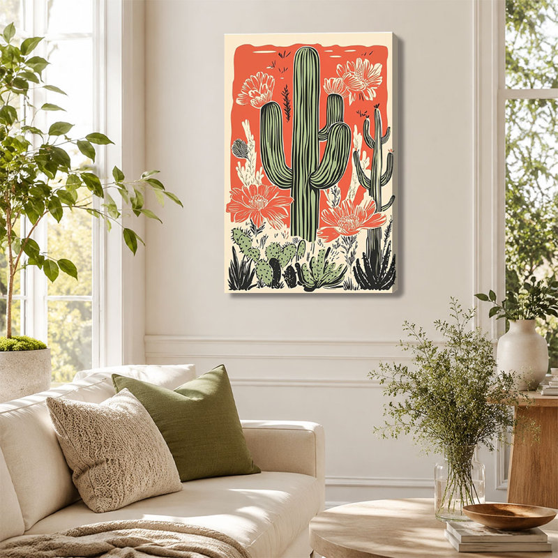 «Rustic Southwestern Desert Cactus Linogravure», impression sur toile, 12*18 inch (30*45*2cm)