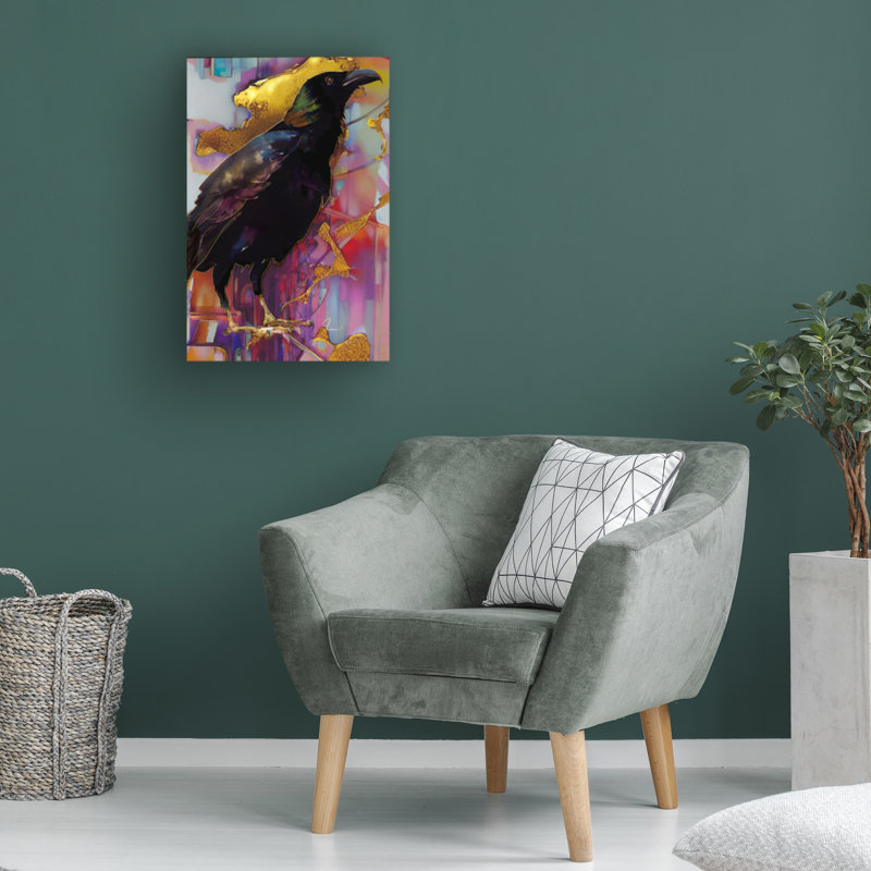 Corbeau avec rose et or sur toile