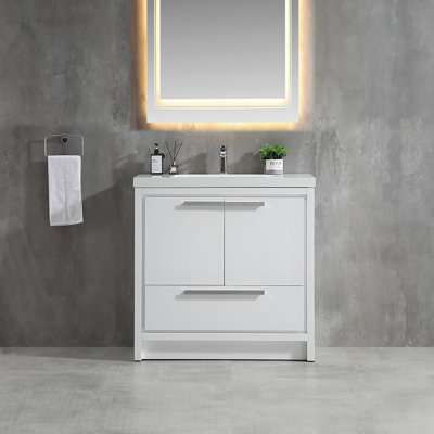 Meuble-lavabo autoportant blanc lustré 36 po / 48 po avec lavabo encastré en porcelaine, comptoir en surface solide et armoire entièrement assemblée