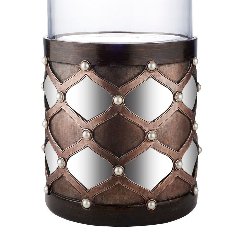 Tall Candleholder with Hurricane Glass, Arabesque Mirror Design, 22" H x 11.5"W x 11.5" D