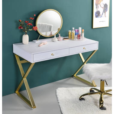 White and Gold Vanity Desk with Lighted Mirror