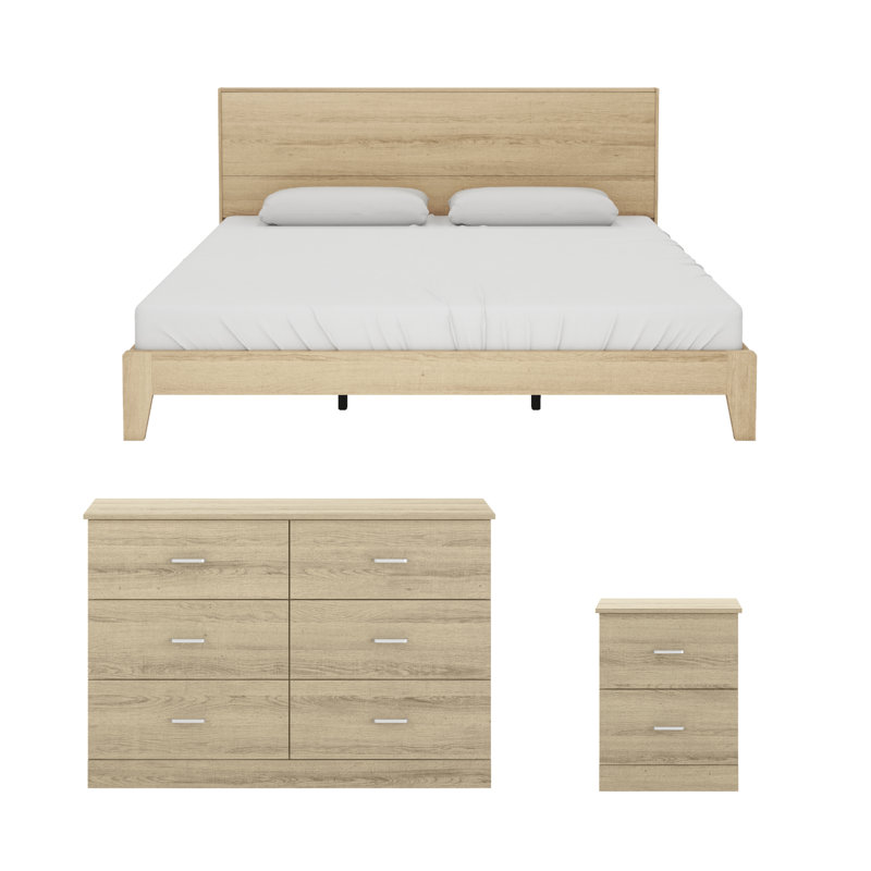 Ensemble de chambre à coucher moderne 3 pièces Allyannah, Chêne d'Oslo, Très grand