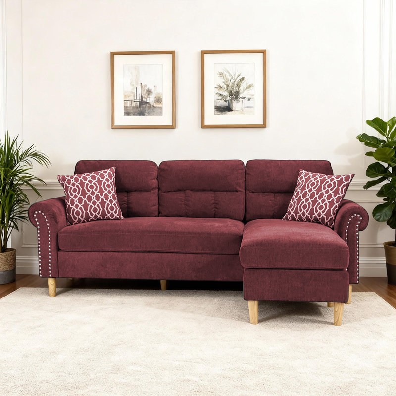 Canapé modulaire réversible 2 pièces avec méridienne et revêtement en velours, Rouge paprika
