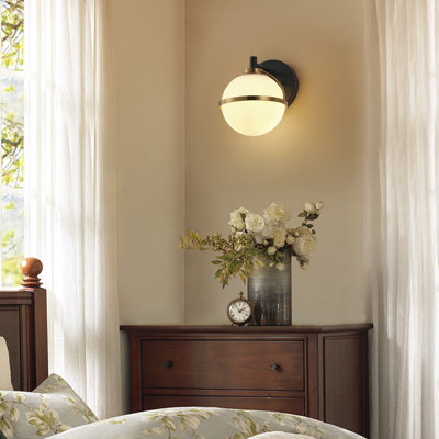 Modern 1-Light Globe Wall Sconce, Matte Black with White Glass Shade, Dimmable, UL Listed