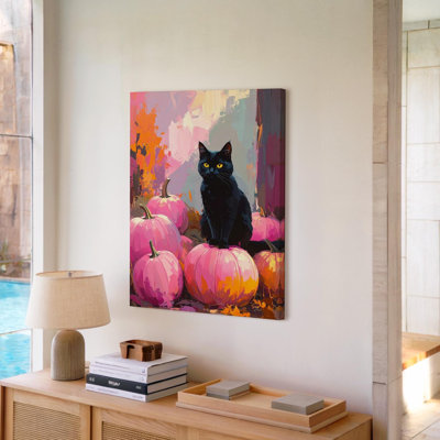 Art mural sur toile, chat noir brillant et citrouilles roses, art d'Halloween rêveur, prêt à être accroché à la galerie, décoration moderne