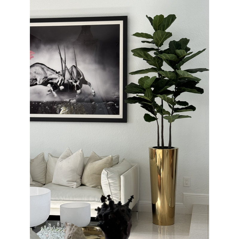 Fiddle 96'' Faux Fiddle Leaf Fig Tree in Metal Planter, Gold, 96" H x 33" W x 33" D