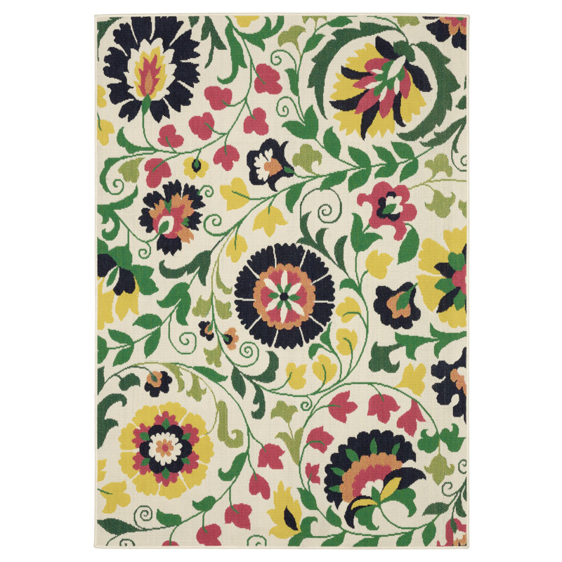 Sherley Bold Boho Floral Ivory/ Multi Indoor-Outdoor Area Rug, Rectangle 5'3" x 7'3"
