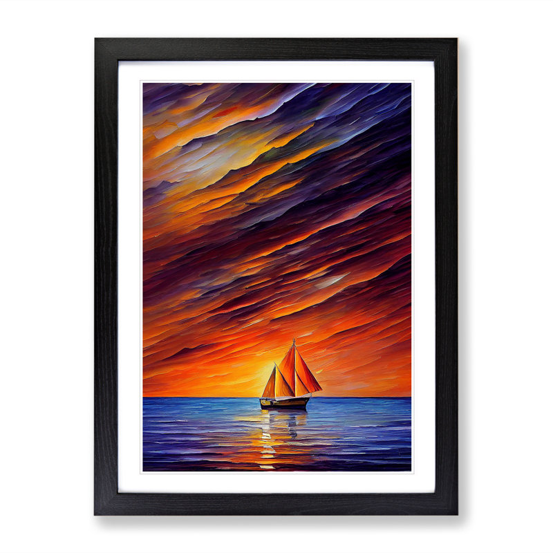 Boats Under The Sunset No.5 - Single Picture Frame Painting, Black, 64cm H x 46cm W x 2cm D