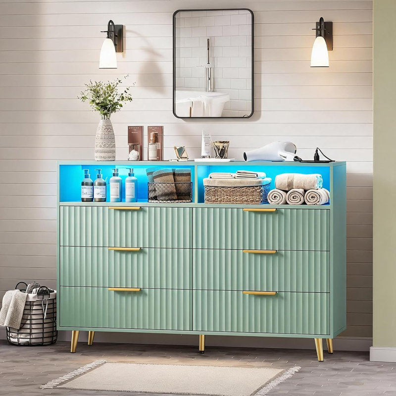 Armoire de rangement à 6 tiroirs avec éclairage DEL, panneaux incurvés cannelés et compartiments ouverts, Vert
