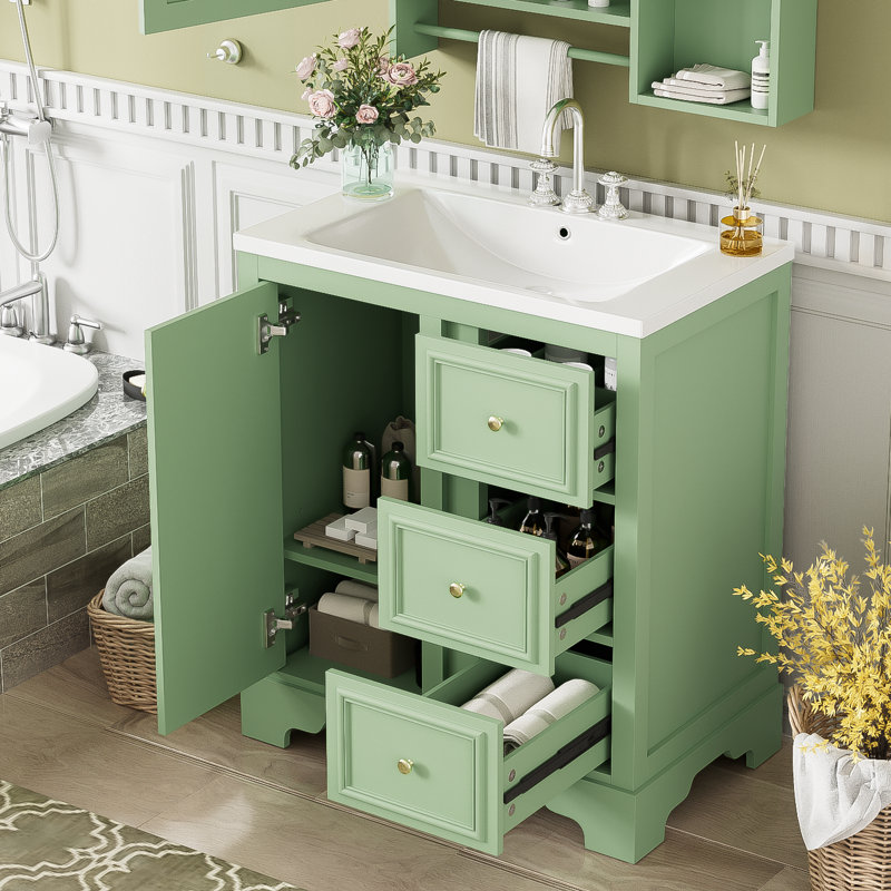 30'' Single Bathroom Vanity With Ceramic Top, Green, Gold