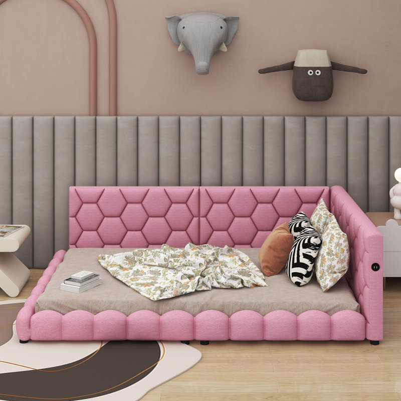 Lit plateforme tapissier double avec ports USB et DEL, Rose