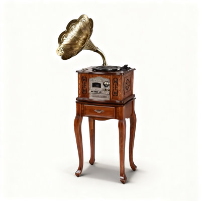 Vintage Solid Wood Gramophone with Antique Brass Horn & Bluetooth Stereo System