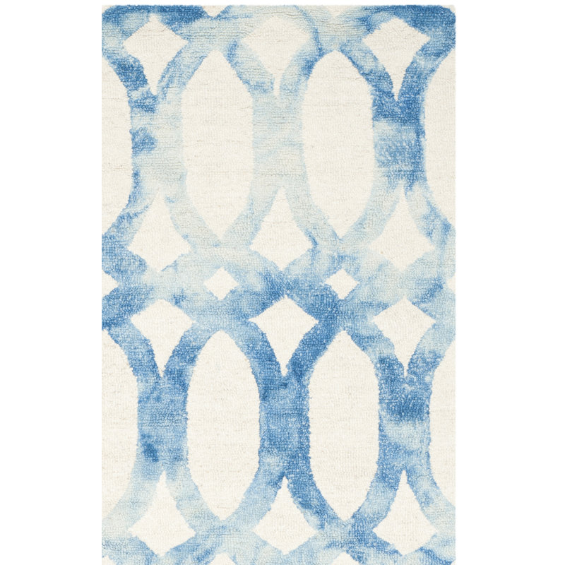 Tapis bleu / ivoire en laine / coton touffeté à la main Amekia, Rectangle 2 pi x 3 pi